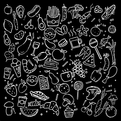 Vector set icons with foods. Doodle vector with foods icons on black ...