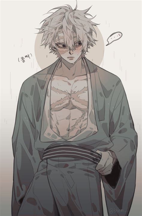 an anime character with white hair and no shirt, holding his hands in ...