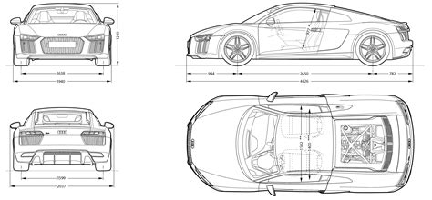 Audi R8 2016 Blueprint - Download free blueprint for 3D modeling