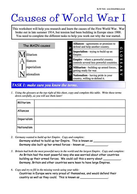 Main Causes Of Ww1 Worksheet