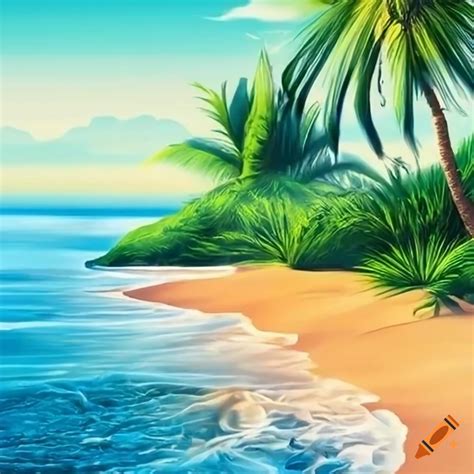 Hyper realistic drawing of a beach landscape with palm trees on Craiyon