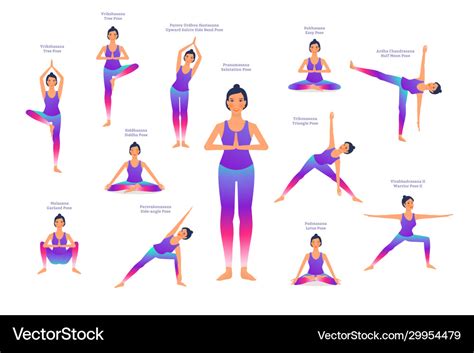 Set woman in different yoga poses names Royalty Free Vector