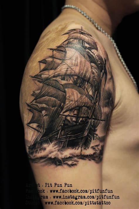 Sail Ship tattoo by Pit Fun Fun | Ship tattoo, Mermaid sleeve tattoos ...