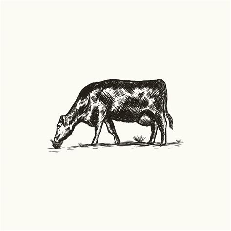 vintage hand drawn silhouette illustration of a cow eating grass ...