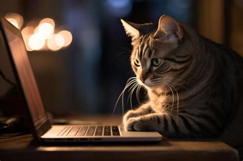 Premium AI Image | a cat sitting on a desk next to a laptop