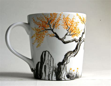 Mug - Hand painted porcelain coffee cup - Fall trees with orange leaves ...