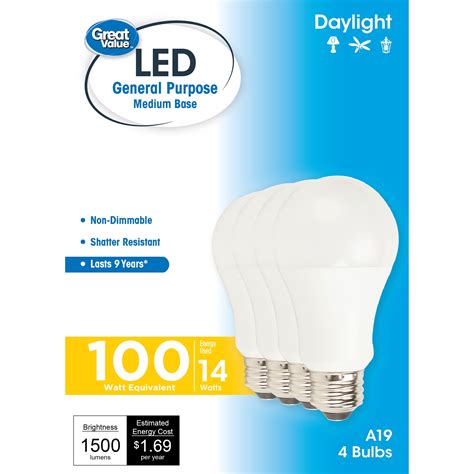 Great Value LED Light Bulb, 14 Watts (100W Equivalent) A19 General ...