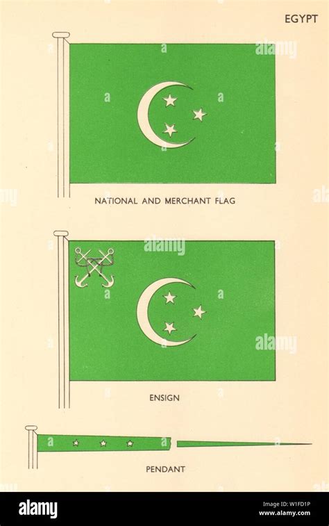 EGYPT FLAGS. National and Merchant Flag, Ensign, Pendant 1958 old print ...