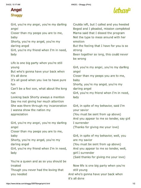 Shaggy - Angel Lyrics | PDF