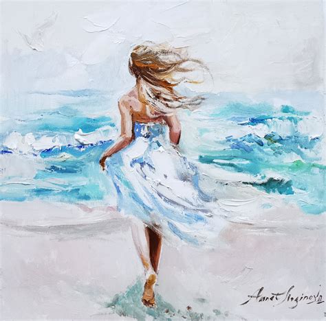 On the path to a dream. Girl running to the sea. Ocean seascape oil ...