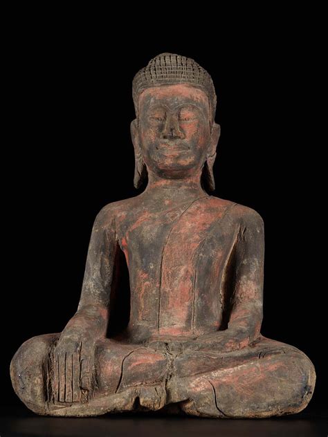 Antique Earth Touching Cambodian Wood Buddha Statue (4c171)