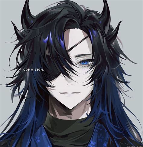 Anime black blue hair demonstrate eyepatch horns blue eyes anime male ...