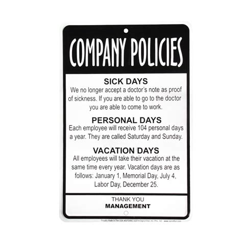 Management Employees Company Policies Sign Funny Work Break Room Office ...