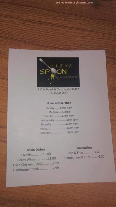 Menu at The Greasy Spoon restaurant, Claxton