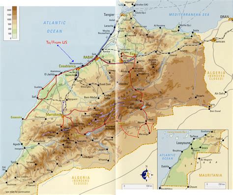 Detailed physical map of Morocco with roads. Morocco detailed physical ...