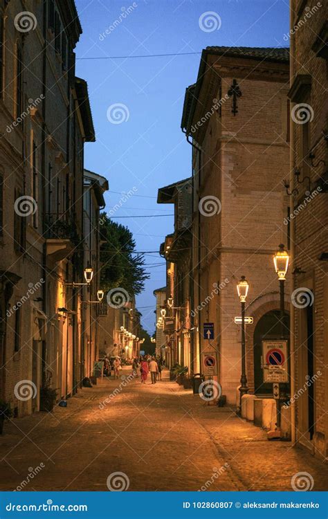 Fano, Italy - August 8, 2017: Narrow Street Lit by Street Lamps at ...