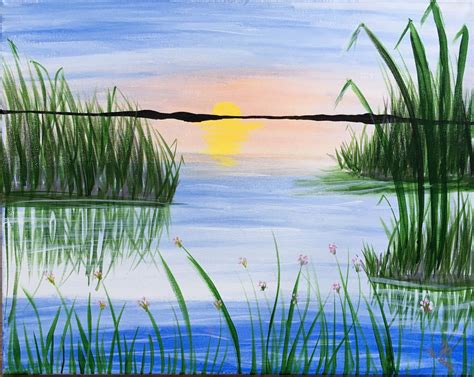 Easy lake painting with marsh grass and sunset. Paint Nite | Lake ...