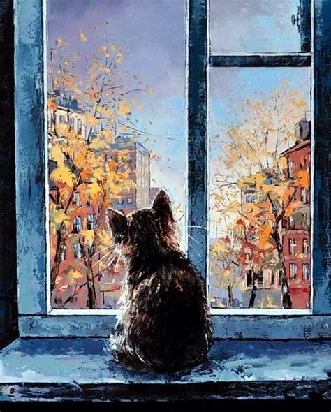 Kitten sitting on windowsill looking out window art | Картины, Картины ...