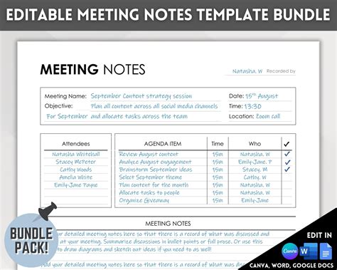 Editable Meeting Notes Template Printable Business Meeting - Etsy UK