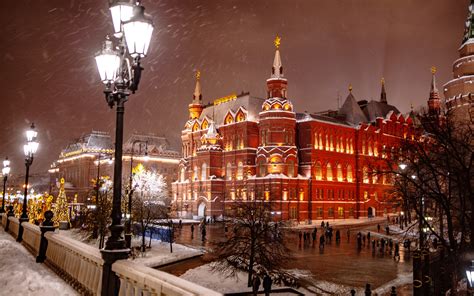 Russia, Moscow, Winter, Houses, Trees, Night, Snow, Street lights, HD ...