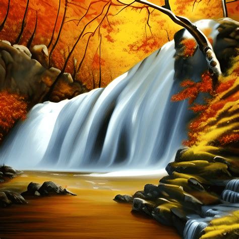 Beautiful Autumn Waterfall Painting · Creative Fabrica