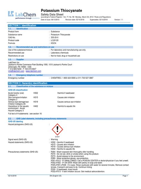 Potassium Thiocyanate: Safety Data Sheet | PDF | Toxicity | Firefighting