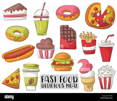 Fast food cartoon icons and objects set. Hand drawn vector illustration ...