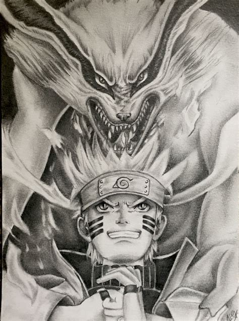 Naruto Uzumaki and Kurama the Nine Tailed Fo in graphite pencil. # ...