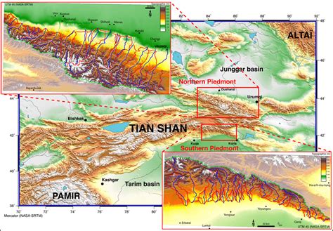 Topography of Tian Shan mountain range and focus on northern and ...