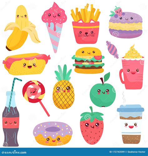 Isolated Icons of Food, Cartoon Characters Vector Illustration ...