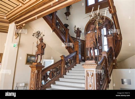 The main oak staircase inside the Miramare castle,Trieste,Italy Stock ...