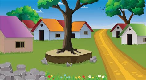 Village cartoon background illustration with old style cottage, well ...