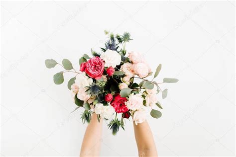 Girl's hands holding beautiful flowers bouquet — Stock Photo ...