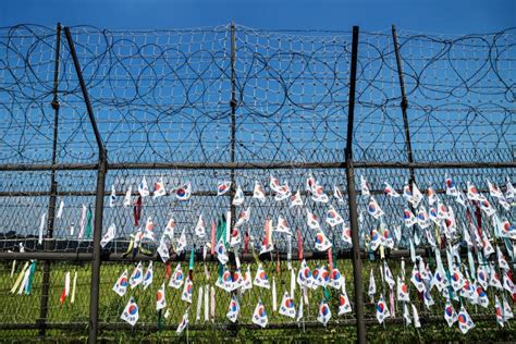 South Korean Flags at a Fence at the Demilitarised Zone DMZ at the ...