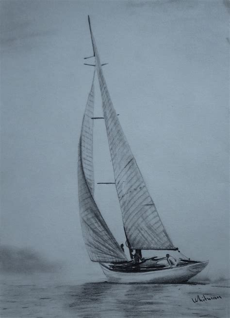 $30 Sailing yacht sketch, full sails, misty shore, water reflections ...