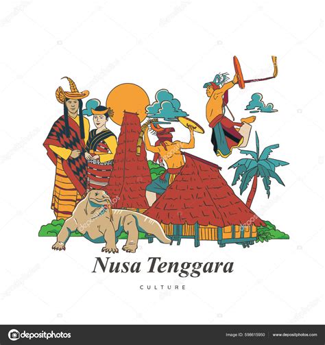 Set Nusa Tenggara Culture Landmark Illustration Hand Drawn Indonesian ...