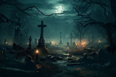 Scary Graveyard with Bats, Crows, Cemetery on Creepy Halloween Night ...