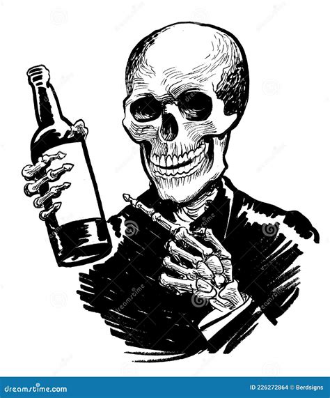 Skeleton with a Bottle of Wine Stock Illustration - Illustration of ...