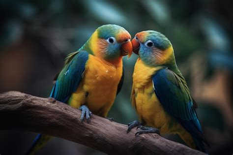 Premium AI Image | Two colorful birds are kissing on a branch.