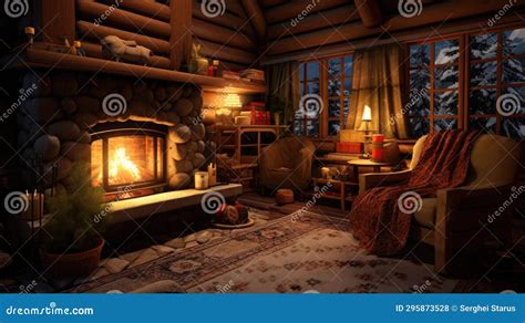 A Cozy Log Cabin with a Fireplace and a Chair, AI Stock Photo - Image ...