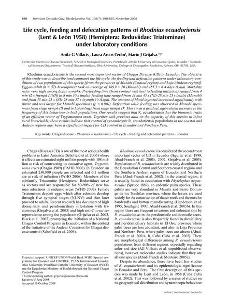 (PDF) Life cycle, feeding and defecation patterns of Rhodnius ...