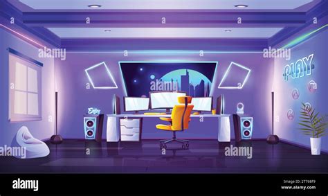 Gamer and streamer room interior. Cartoon studio setup for playing ...