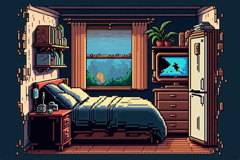 Premium Photo | Pixel art bedroom with antique decor bed chest of ...