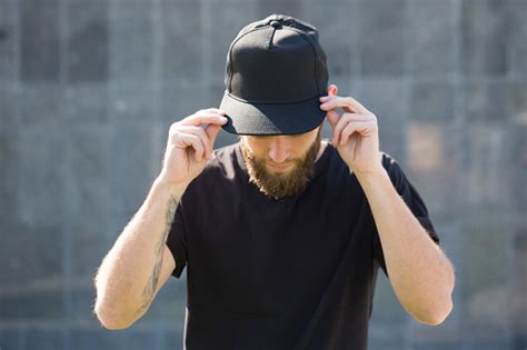 Hipster Handsome Male Model With Beard Wearing Black Blank Baseball Cap ...