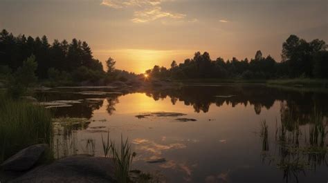 Premium AI Image | A sunset over a lake with a forest in the background