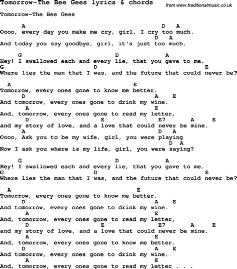 Love Song Lyrics for:Tomorrow-The Bee Gees with chords.