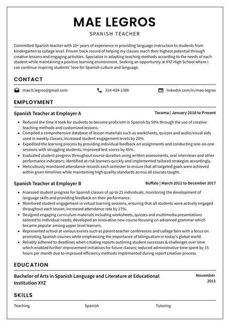 Spanish Teacher Resume (CV) Example and Writing Guide