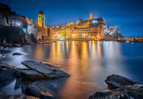 Aerial view of Vernazza during the night, Italy stock photo