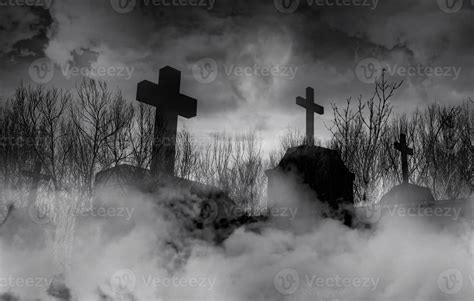 Halloween day concept. Cemetery or graveyard in the night with dark sky ...