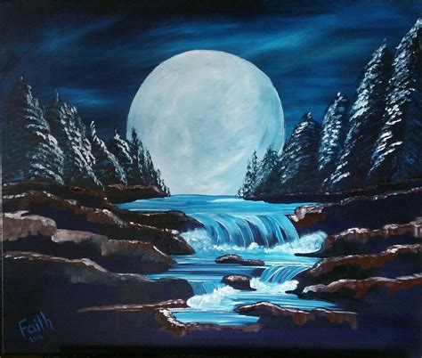 "Blue Moon" painted by Faith Montoya | Lake painting, Moon painting ...